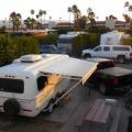 Snugly parked between the hedges at Palm Springs, CA Happy Traveler RV Park